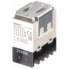 Bracket-mounted enclosed power relay with square base and W-bracket mounting style. Features 3PST-NO/SPST-NC contact configuration, 25 A current rating at 220V AC inductive load, and screw terminal connections. Operates at 100/120V AC. Suitable for switching high-current loads in control panels and automation equipment.