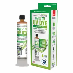 Fluorescent dye for leak detection in HCFC refrigerant systems. The 4 oz cartridge is suitable for systems up to 150 tons. Injected into the refrigerant circuit, it circulates with oil and escapes at leaks, glowing under UV light to pinpoint the source.