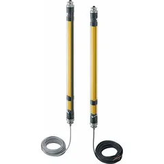 Safety light curtain for hand detection in industrial machine guarding. Features 92 infrared beams with 20 mm spacing and 1,200 mm protected height. Operates at 24V DC with 870 nm IR LED, 100 mA supply current, and 300 mA output current. Open-ended connections.