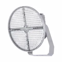 This LED parks and recreation light delivers 107,968 lumens at 4000K color temperature, powered by 740 watts. It operates on 120 to 277V AC and is rated NEMA 4x4 for weather resistance. The yoke/trunnion mount allows flexible aiming for outdoor sports fields, stadiums, and large-area illumination.