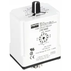 This socket-mounted time delay relay from Dayton operates on 24V AC/DC and is rated for 10 A. With 11 pins/terminals, it is designed for single-function timing applications in industrial control panels, such as motor start sequencing, conveyor timing, and HVAC system delays.