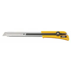 This 18mm snap-off knife features a textured yellow plastic handle with a contoured grip for control. The blade has 8 segments and no blades are stored in the handle. Typical applications include cutting cardboard, drywall, plastic sheeting, and other sheet materials.
