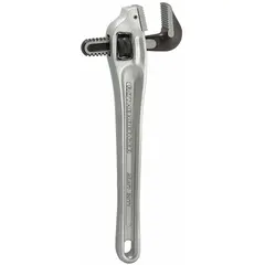Offset pipe wrench with a 14 in overall length and 2 in jaw capacity. Serrated jaw provides secure grip on round surfaces. I-Beam aluminum handle reduces weight for overhead or confined-space use.
