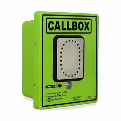 The RITRON RQX-427-HD is a call box for two-way radios, operating on UHF license-required bands with a single radio channel. Its green/silver enclosure houses alkaline battery power, making it suitable for remote or temporary installations where wired power is not available. This unit is used to initiate radio communication in industrial or public-safety settings.