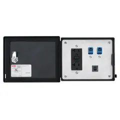 Ethernet panel interface with a 120V GFCI receptacle and two RJ45 terminations. Includes a 5 A reset and IP66-rated polycarbonate housing. Used for providing sealed power and data connections in industrial enclosures.