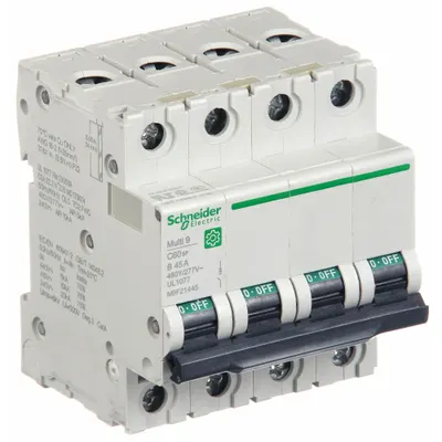SCHNEIDER Supplementary Protector: 45 A Amps, 10kA at 240V AC, Screw Clamp - B-Curve, 4-Pole UL1077 DIN Rail-Mount Supplementary Protectors