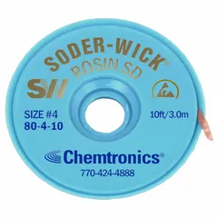 Rosin flux desoldering braid for removing solder from electronic assemblies during rework or repair. Type #4, 0.11 in width, 10 ft length, blue color, ESD-safe, ROL0 flux classification.