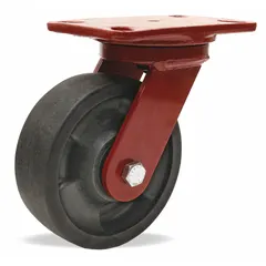 This heat-resistant kingpinless plate caster features a 6-inch diameter nylon wheel with a 2-inch width and a 7 3/4-inch mounting height. The swivel configuration includes a brake, and the rectangular mounting plate allows for secure attachment. Typical applications include industrial carts, racks, and equipment in environments where heat resistance is required.