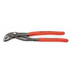 V-jaw tongue and groove pliers with push-button adjustment, 25 jaw positions, 2 in max jaw opening, and 250 mm overall length. Designed for gripping and turning pipes, nuts, and fittings in plumbing and mechanical work.