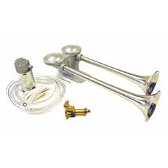 FIAMM 62330 is a full-tone air-powered horn designed for buses. It features two powder-coated silver horns and includes vinyl tubing for installation. The horn operates on 12V DC and delivers a 114 dB maximum sound level for audible warning in traffic or industrial environments.