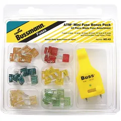 This fuse kit includes ATM series automotive fuses covering a 5 A to 30 A range. It comes with an FT-3 Fuse Tester/Puller combination tool for testing and removing fuses. Suitable for automotive and fleet electrical protection.