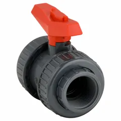 PVC two-piece ball valve with straight body and FNPT threaded ends. Tee handle for manual on/off control. Suitable for water, chemicals, and corrosive fluids in plumbing and industrial piping systems.
