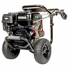Cart-mounted cold water pressure washer delivering 4,400 psi at 4 gpm with a 420 cc engine displacement. Suitable for medium-duty cleaning of concrete surfaces, heavy equipment, and machinery in industrial and commercial settings.