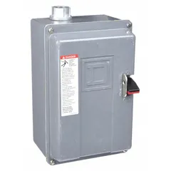 Enclosed non-reversing manual motor starter with thermal overload protection. Rated 27 A, 600V AC, 3 poles, NEMA Size M-1. Requires 3 thermal units (not included). Suitable for starting and protecting motors in industrial applications.