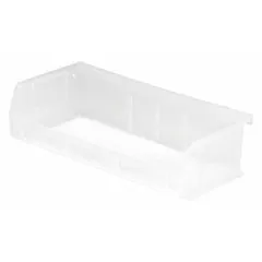 Clear plastic bin for organizing small parts, components, and hardware. Hang-and-stack design allows placement on louvered panels or shelving. Includes label holder for content identification. Not electrostatic discharge conductive. Contains 0% recycled content.