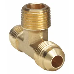 This brass flared/threaded tee fitting connects 1/4 in OD tube to 1/4 in OD tube and 1/8 in pipe. Designed for 45-degree flare connections, it meets SAE J512 standards. Suitable for medium-pressure fluid systems requiring leak-proof, reusable joints. Supplied as a 10-pack.