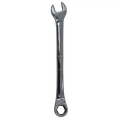 This SAE 6-point combination wrench is constructed from alloy steel with a chrome finish. It features a 3/4 in head size and an overall length of 9 1/4 in. The 6-point box end provides a secure grip on hex fasteners, while the open end allows for quick positioning. Commonly used for tightening or loosening SAE hex fasteners in automotive repair, industrial maintenance, and mechanical assembly.