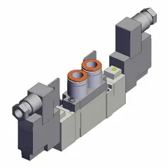 This SMC SY7000 Series directional control valve is a double solenoid, five-way/two-position, bi-stable unit with five ports. It operates on 24V DC and features 3/8 in NPT connections, a DIN solenoid connector, internal pilot, and non-locking manual override. Commonly used in pneumatic systems for automated manufacturing, packaging, and material handling equipment.