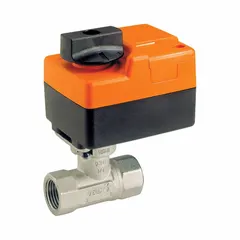 2-way characterized control valve with 1/2 in female NPT connections, brass ball and body, 0.8 CV flow, and 200 psi close-off. Includes TR24-SR actuator. For modulating water or water-glycol solution (up to 60%) in HVAC terminal units, coils, and heat exchangers.