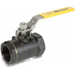 This SHARPE manual two-way ball valve features a carbon steel body, straight pattern, and full port design for unrestricted flow. With 1/4 in FNPT x FNPT connections and a locking lever handle, it is suited for on/off control in industrial piping systems handling oil, gas, or chemicals.