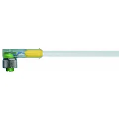 Single-ended cordset with M12 female right-angle connector to bare wire, 5 pins, 22 AWG, 5 m gray PVC cable. Rated IP66K, max 4 A. Status LED indicates power/communication. Suitable for flexing applications in industrial automation, packaging, and material handling where space is limited and resistance to high-pressure washdowns is required.