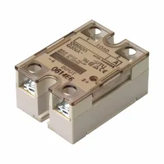 Surface-mounted solid-state relay with phototriac AC output. Form A (SPST-NO) switch configuration. Output voltage range 200 to 480V AC, maximum output current 10 A without heat sink. Accepts AC/DC input current of 10 A. Screw-clamp electrical connection and finger-safe design. Suitable for switching AC loads in industrial control panels.