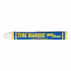 White wax crayon for marking rubber surfaces such as tires. Used in automotive and fleet maintenance for inventory, inspection, or retread tracking. Overall length 4-5/8 in, width 1/2 in.