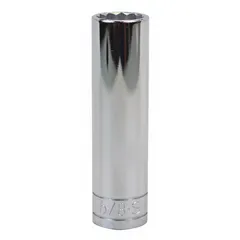 This 1/2" drive hand socket features a 5/8" SAE size, 12-point configuration, and deep length for reaching recessed fasteners. The chrome finish provides corrosion resistance. Suitable for turning hex nuts and bolts in automotive, industrial, and mechanical applications.
