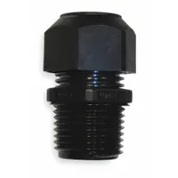 Straight nylon cord connector with 3/8 in MNPT box connection, accepting cord diameters from 0.18 in to 0.31 in. IP66-rated for protection against dust and water jets. Black nylon body, 1 7/16 in overall length, no color-coded grommet. Suitable for sealing cable entries in electrical enclosures and junction boxes