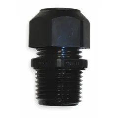 Straight nylon cord connector with 3/8 in MNPT box connection, accepting cord diameters from 0.18 in to 0.31 in. IP66-rated for protection against dust and water jets. Black nylon body, 1 7/16 in overall length, no color-coded grommet. Suitable for sealing cable entries in electrical enclosures and junction boxes.