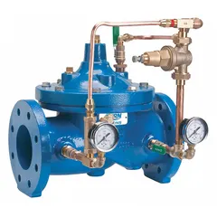 Flanged automatic control pressure regulator with ductile iron body. Designed to regulate downstream pressure in water distribution systems. Pressure range 15 psi to 120 psi. Nominal pipe size 6 inches.