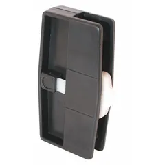 This sliding handle and latch kit provides the latch and pull components for operating a sliding screen door. It is suitable for replacement or new installation on residential patio or entry screen doors. The kit has an overall height of 4 inches and overall length of 1 7/8 inches, with a black finish.