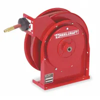 Spring-return hose reel for air or water service, with 25 ft capacity for 3/8 in I.D. hose. Features 1/4 in MNPT hose end, brass swivel, and red finish. Maximum operating pressure 300 psi. Overall dimensions 12-5/8 in L x 5-5/8 in W x 12-7/8 in H
