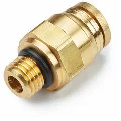 Brass push-to-connect adapter fitting for connecting 1/4 in OD tubing to a 16 mm metric port. Enables tool-free assembly in pneumatic and air brake systems requiring secure, leak-free connections.