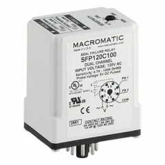 Socket-mounted relay for monitoring pump seal integrity. Operates on 120V AC with a 5 A current rating and 8-pin configuration. Detects seal leakage to trigger alarm or shutdown, reducing risk of equipment damage and fluid loss.