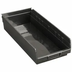 This shelf bin is made from 100% recycled plastic and measures 8 3/8 in x 4 in with an overall length of 17 7/8 in. It is black and nesting capable for space-saving storage when empty. Dividers are not included, and the bin is not electrostatic discharge conductive. Commonly used for organizing small parts, components, or tools in industrial and workshop settings.