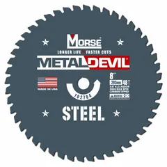 Carbide circular saw blade with 8-inch diameter, 48 teeth, 0.08-inch cut width, and 5/8-inch arbor. Designed for cutting steel and general metal in fabrication and maintenance applications.