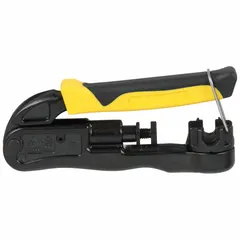 Spring-loaded compression tool for terminating coaxial cable connectors. Supports BNC, F, and RCA connectors on RG59, RG6/6Q, RG7, RG11, RG58, RG62, and mini-coax cables. Dieless design eliminates the need for interchangeable dies.