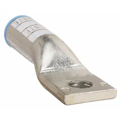 Aluminum one-hole compression lug for 4/0 AWG solid or stranded wire. Features a 3/8 in stud size and long barrel design. Used for terminating conductors in electrical panels, switchgear, and heavy machinery connections.