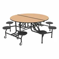 This bi-fold cafeteria table features a stool seat and a laminate tabletop with an industrial grade high pressure laminate over particleboard core. Overall height is 29 inches and overall length is 79 inches. Suitable for dining areas in schools, corporate cafeterias, and break rooms