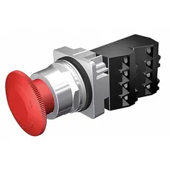 This Siemens mushroom-head push button is a maintained-action control device with a 30 mm non-metallic operator. It features 2 normally-closed contacts and pressure plate terminals. Suitable for industrial control panels requiring a large, easy-to-actuate maintained switch.