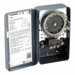 The TORK 8601 is an electromechanical percentage cycle timer switch with a metal body for surface mounting. It operates on 120V AC with a 1-hour cycle and features a single-pole double-throw (SPDT) mechanical switching mechanism. Designed for indoor use, it is commonly applied in HVAC systems, lighting control, and industrial machinery to manage repeating on/off cycles.