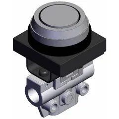 Flush button actuator manual air control valve with 3 ports and M5 bottom-ported body. Used in pneumatic systems for operator-initiated flow direction in industrial automation, packaging, and material handling applications.