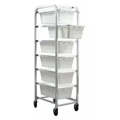 This vertical rack-style tub cart is constructed from lightweight corrosion-resistant materials. It includes six white bins and four swivel casters for maneuverability. Suitable for organizing and transporting parts, tools, or materials in industrial facilities, warehouses, and workshops.