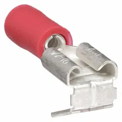 This partially insulated piggyback disconnect features a red vinyl partial coverage insulation and a 0.25 in x 0.032 in tab. It is constructed with a butted barrel and seam. Used for quick connect or disconnect of electrical wires in control panels, appliances, and industrial equipment.