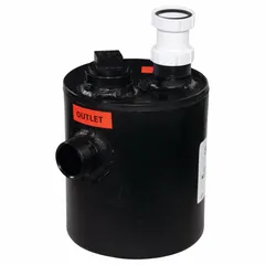 Plastic dilution tank with 1.5-gallon capacity, featuring two inlets for mixing or diluting concentrated fluids. Overall diameter 9 in, width 9 in, depth 10 in. Used in industrial fluid-handling systems for safe containment and dilution of chemicals.
