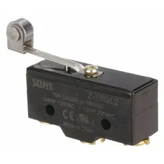 This roller-lever snap-action switch features a SPDT contact configuration and screw electrical connection. Rated for 15 A at 480 V AC, it is used for position sensing and limit control in industrial machinery, conveyors, and automation systems.