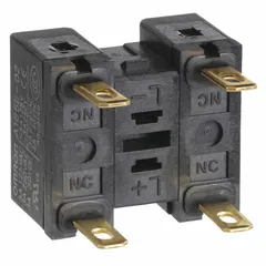 Momentary contact block with 2 normally closed (2NC) contacts and screw terminals. Designed for use with OMRON A165E series switches. Suitable for industrial control panels and automation systems requiring momentary switching action.