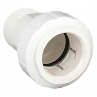 Polysulfone push-to-connect tube fitting with 1 in OD tube x 1 in male NPT thread configuration. Enables tool-free connection of tubing to threaded ports in low-pressure fluid systems. Suitable for water, air, and chemical handling applications