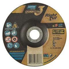 This NORTON Quantum 3 RightCut cut-off wheel is a Type 27 depressed center wheel with a 6-inch diameter, 1/16-inch thickness, and 7/8-inch arbor hole. It features ceramic abrasive in 36 grit for cool cutting of carbon steel and stainless steel. Suitable for use with portable angle grinders in fabrication, maintenance, and metalworking applications.